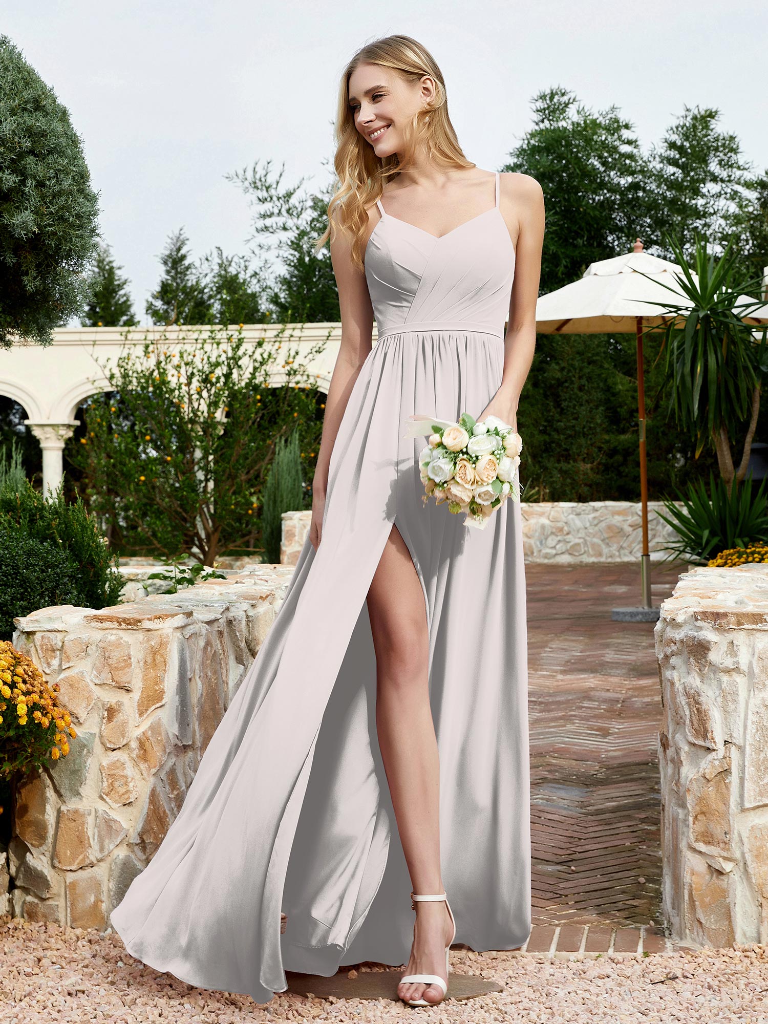 Spaghetti Straps V-neck Chiffon Dress With Slit Silver